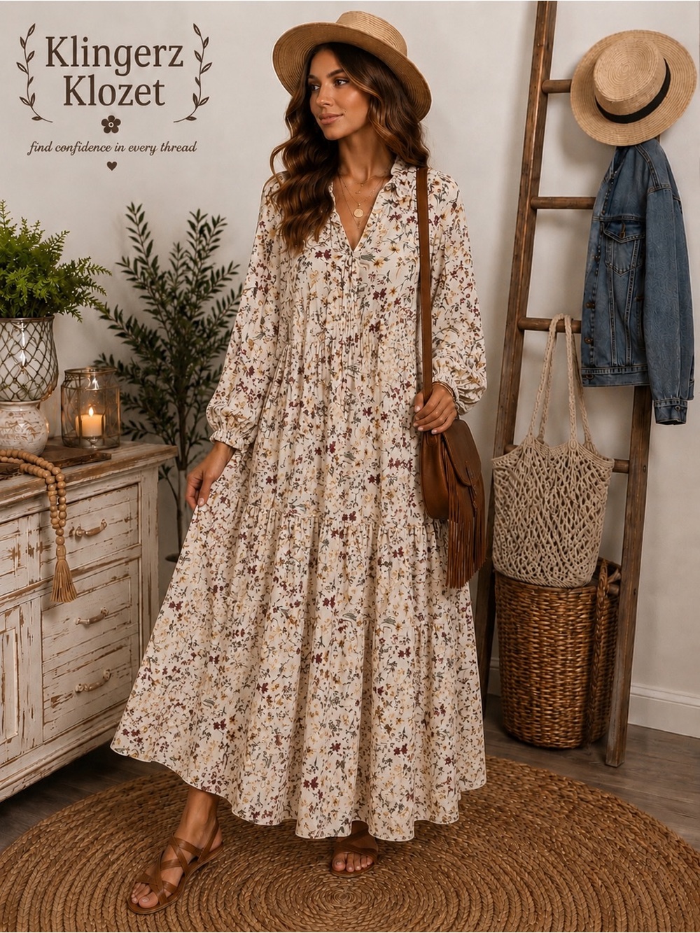 SHEIN Cream Floral Tiered Long Sleeve Maxi Dress